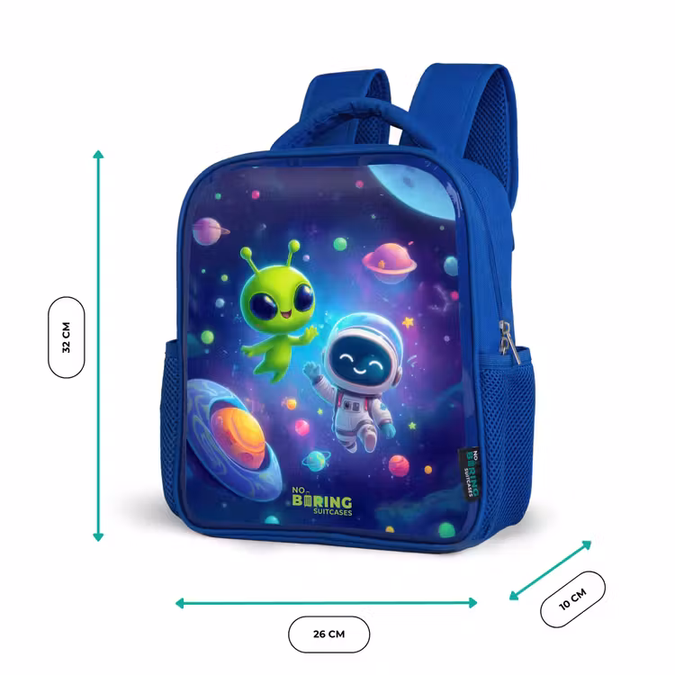 Vrolijke Ontmoeting in de Ruimte Kinderrugzak - Blauw middel -productfoto_formaten
