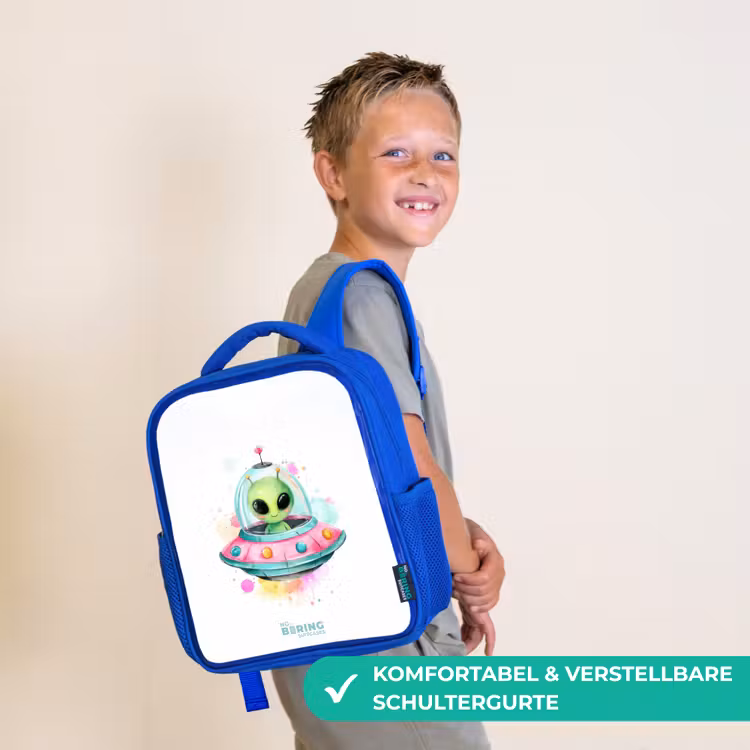 Groene alien in kleurrijke UFO Kinderrugzak - Blauw middel -sfeer3_DE