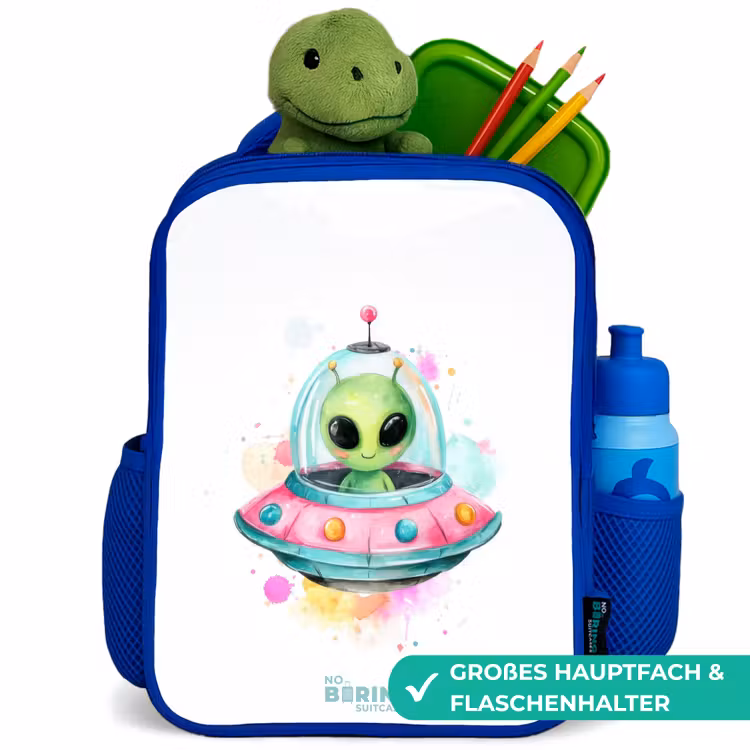 Groene alien in kleurrijke UFO Kinderrugzak - Blauw middel -inhoud_DE