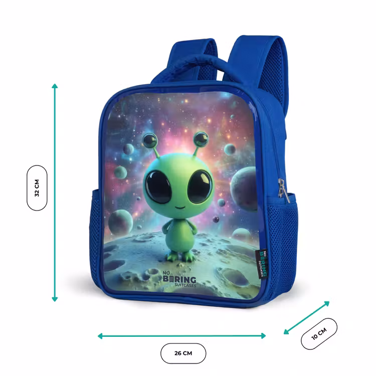 Groen buitenaards wezentje op maanlandschap Kinderrugzak - Blauw middel -productfoto_formaten