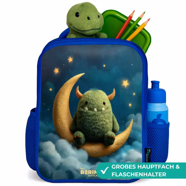 Groen monster op maansikkel Kinderrugzak - Blauw middel -inhoud_DE