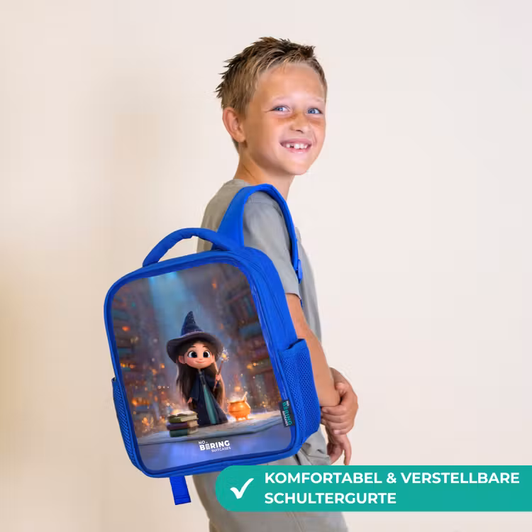 Kleine tovernares in bibliotheek Kinderrugzak - Blauw middel -sfeer3_DE