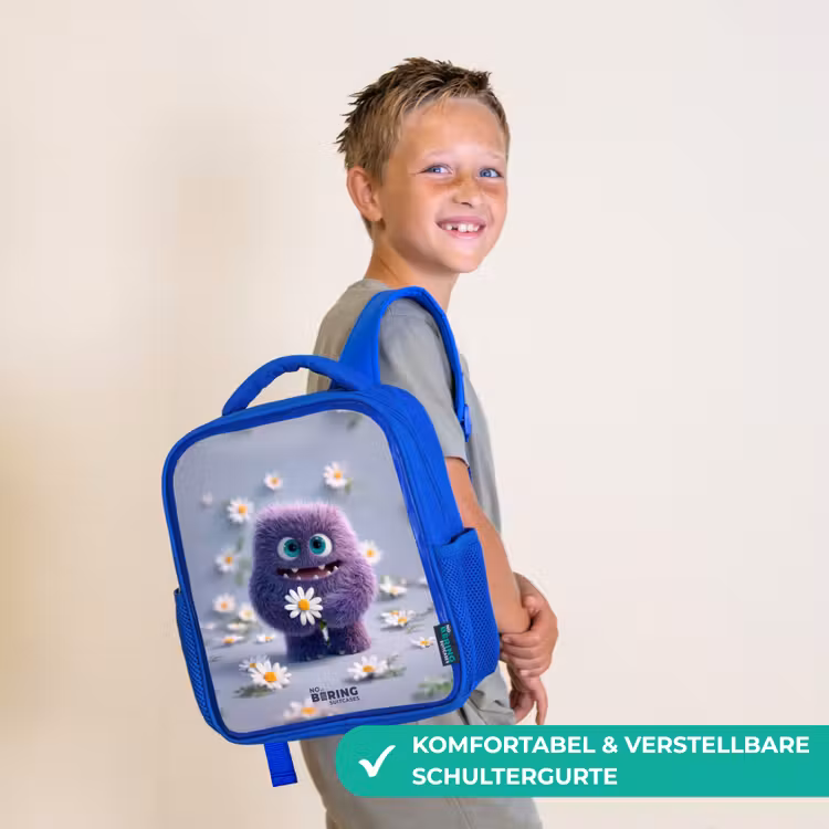 Paars Pluizig Vriendje met Madelief Kinderrugzak - Blauw middel -sfeer3_DE