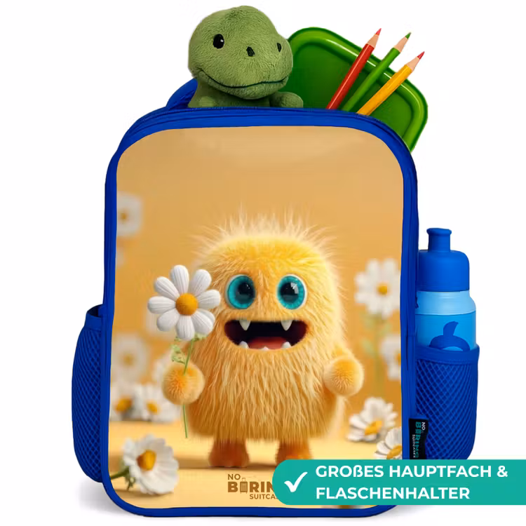 Monster - Wezen - Bloem - Geel Kinderrugzak - Blauw middel -inhoud_DE