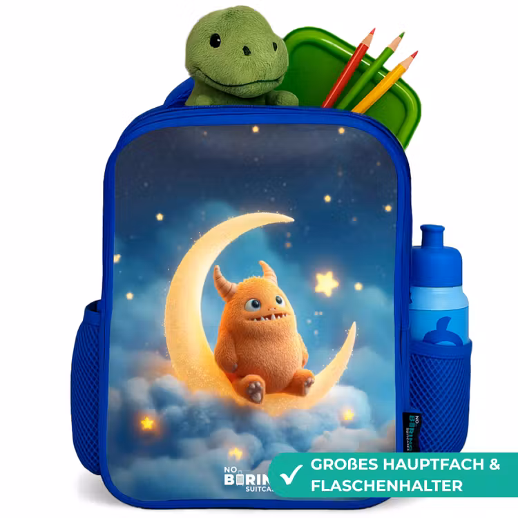Oranje monster op maansikkel Kinderrugzak - Blauw middel -inhoud_DE