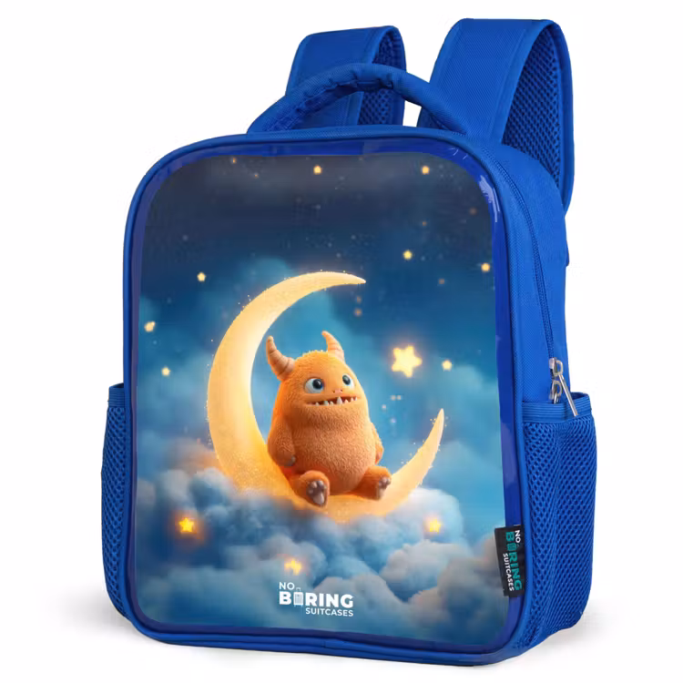 Oranje monster op maansikkel Kinderrugzak - Blauw middel -schuin
