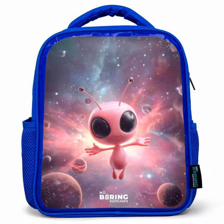 Roze Alien in Sterrennevel Kinderrugzak - Blauw middel -3d