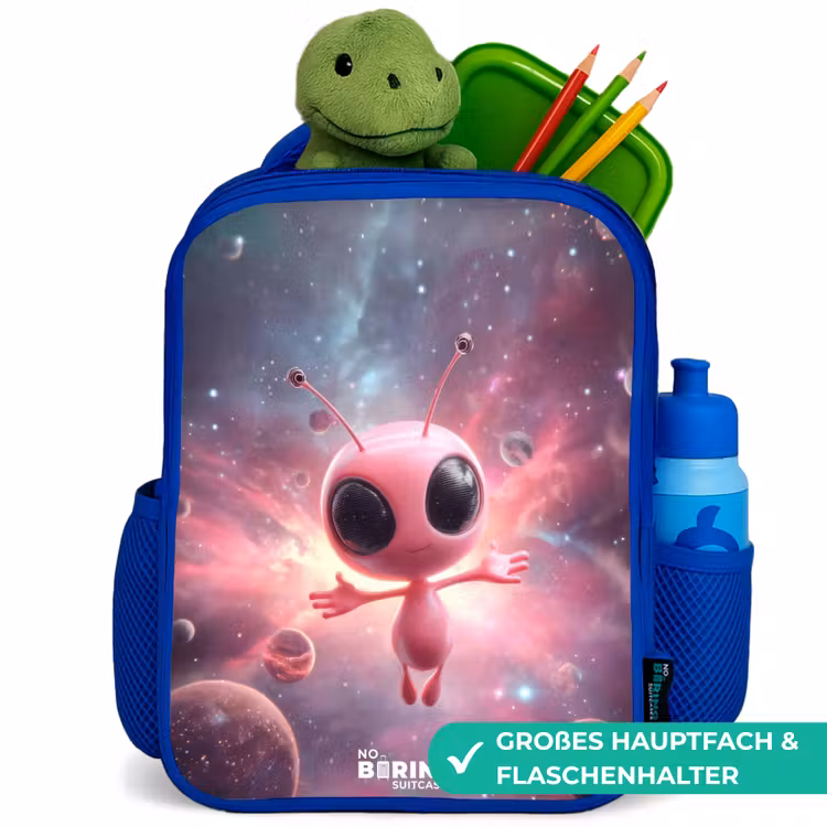 Roze Alien in Sterrennevel Kinderrugzak - Blauw middel -inhoud_DE