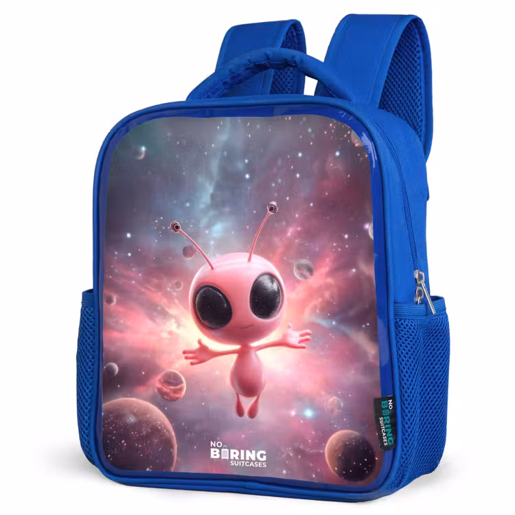 Roze Alien in Sterrennevel Kinderrugzak - Blauw middel -schuin