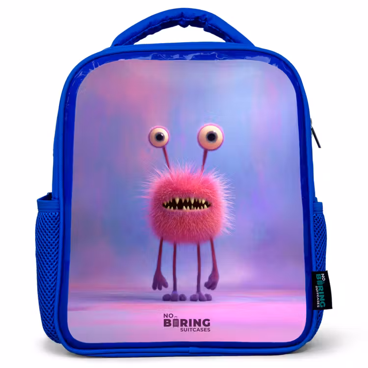 Roze harig monster met grote ogen Kinderrugzak - Blauw middel -3d