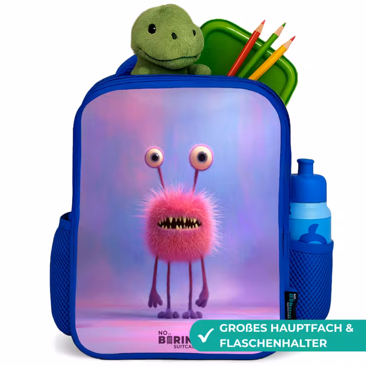Roze harig monster met grote ogen Kinderrugzak - Blauw middel -inhoud_DE