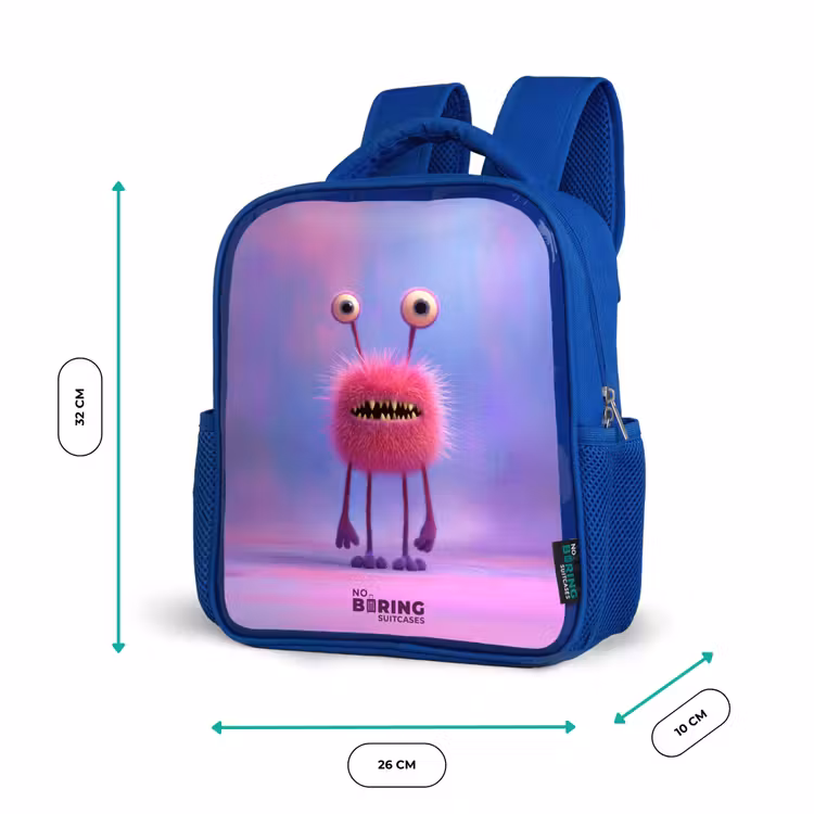 Roze harig monster met grote ogen Kinderrugzak - Blauw middel -productfoto_formaten