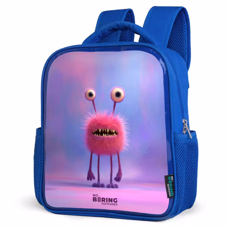 Roze harig monster met grote ogen Kinderrugzak - Blauw middel -schuin
