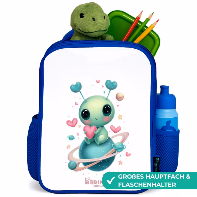 Lief buitenaards wezentje met hartje Kinderrugzak - Blauw middel -inhoud_DE