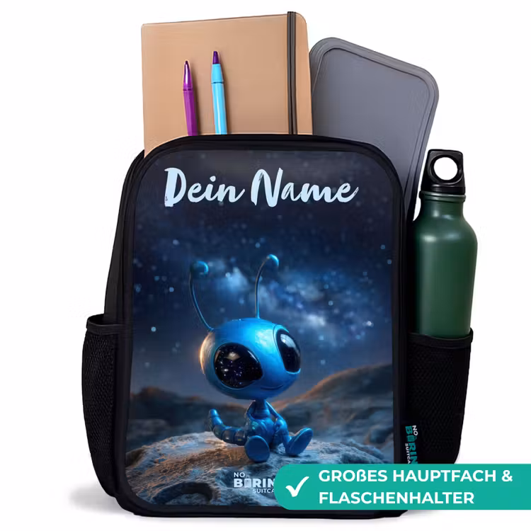 Blauw buitenaards wezentje onder sterrenhemel Rugzak - Zwart middel -inhoud_DE