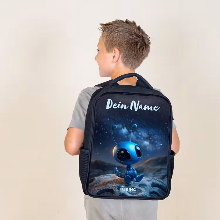 Blauw buitenaards wezentje onder sterrenhemel Rugzak - Zwart middel -sfeer2