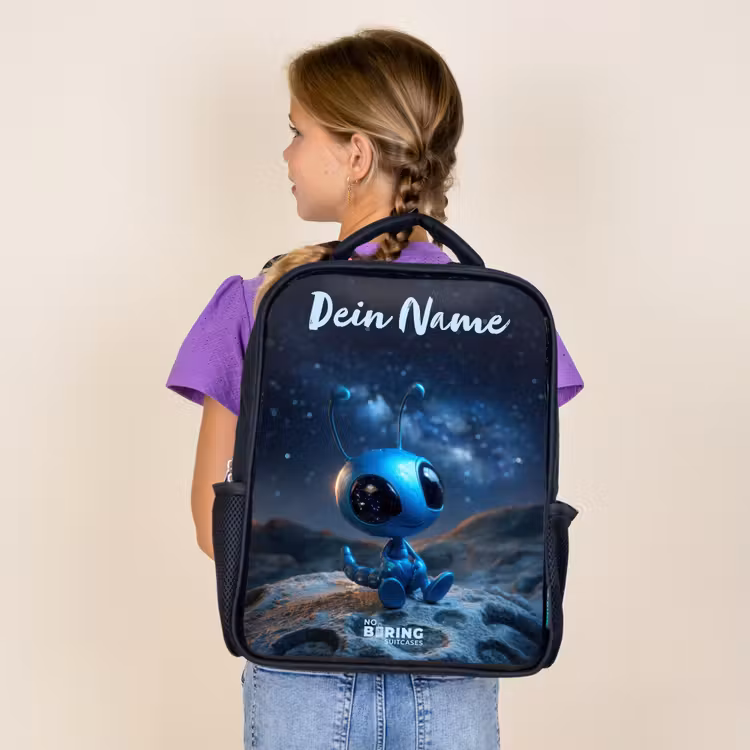 Blauw buitenaards wezentje onder sterrenhemel Rugzak - Zwart middel -sfeer5