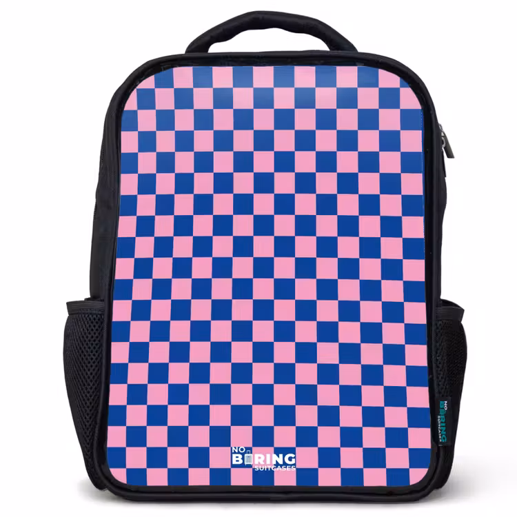 Blokjes - Blauw - Roze Rugzak - Zwart middel -3d
