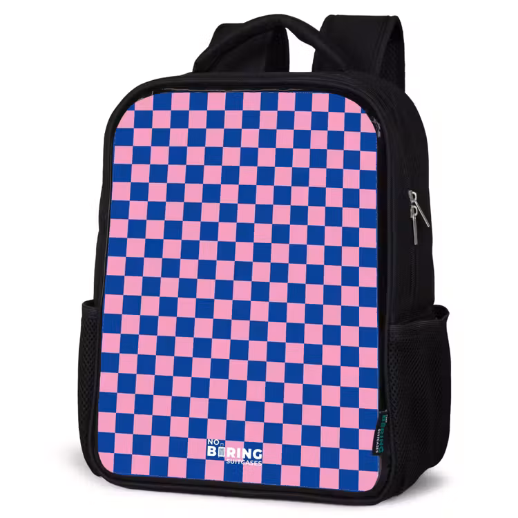 Blokjes - Blauw - Roze Rugzak - Zwart middel -schuin