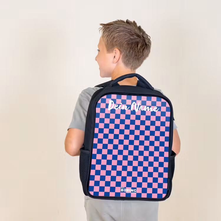 Blokjes - Blauw - Roze Rugzak - Zwart middel -sfeer2