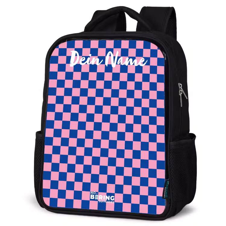 Blokjes - Blauw - Roze Rugzak - Zwart middel -schuin