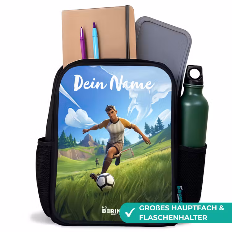 Voetballer - Gras - Goal - Kleurrijk Rugzak - Zwart middel -inhoud_DE