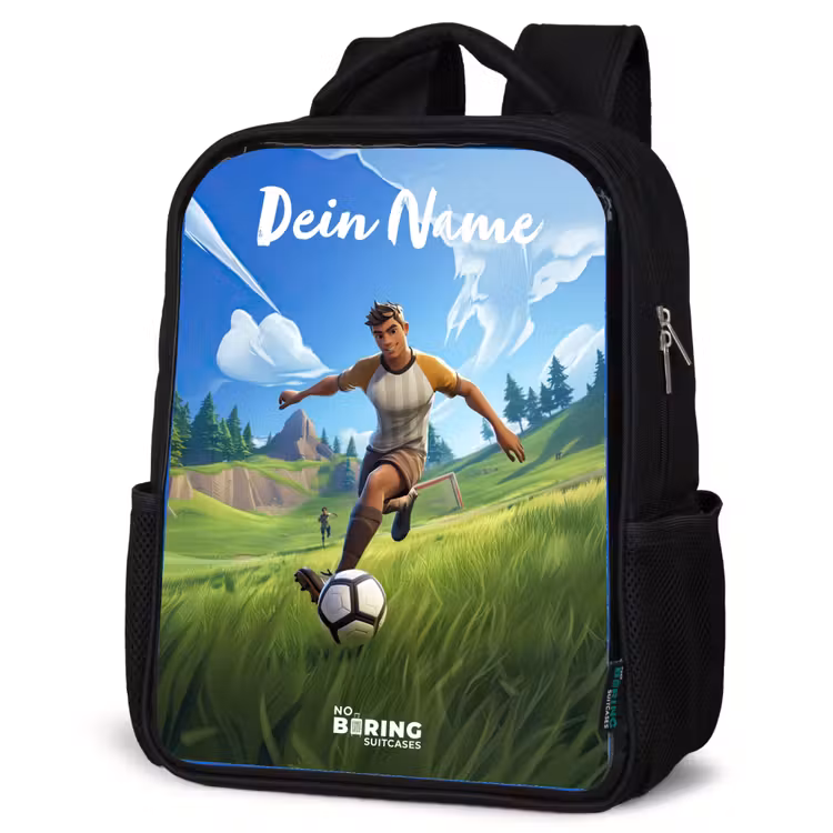 Voetballer - Gras - Goal - Kleurrijk Rugzak - Zwart middel -schuin