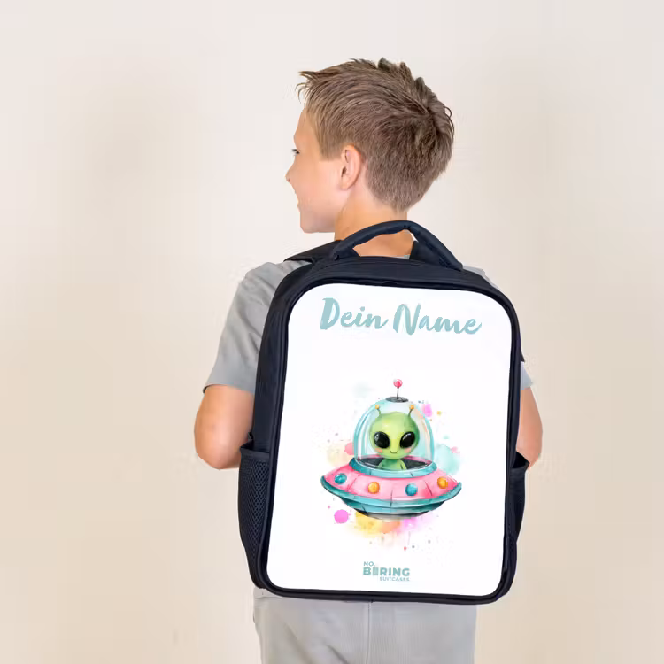 Groene alien in kleurrijke UFO Rugzak - Zwart middel -sfeer2