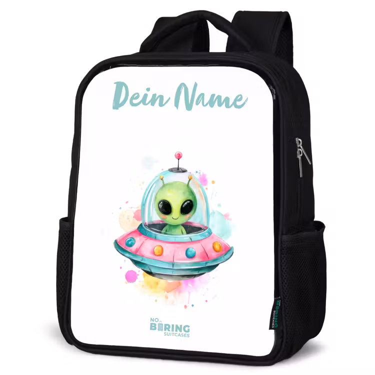Groene alien in kleurrijke UFO Rugzak - Zwart middel -schuin