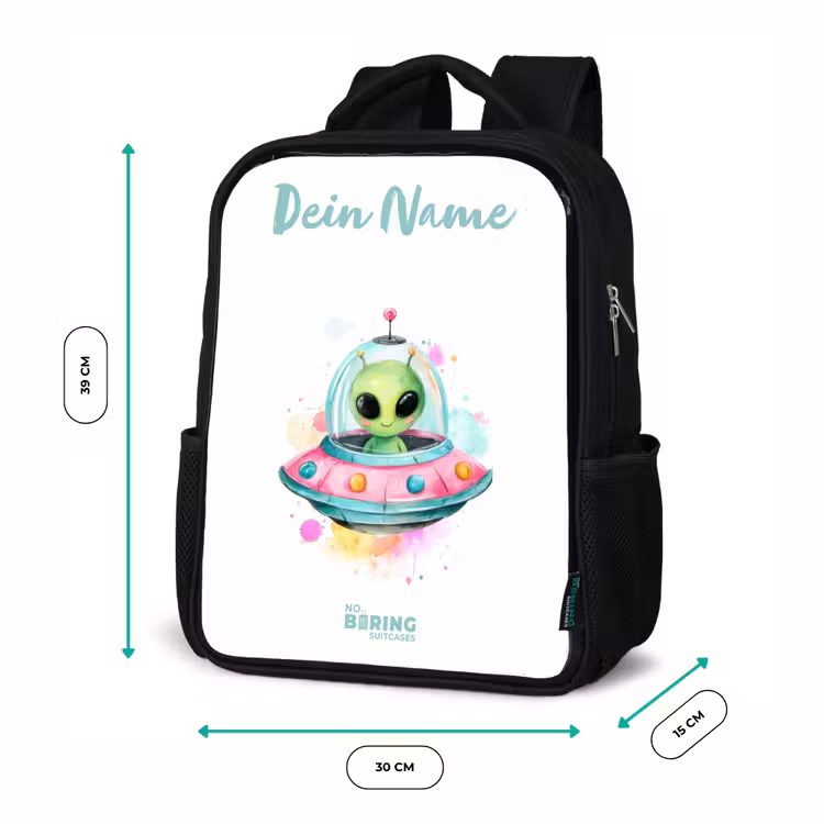 Groene alien in kleurrijke UFO Rugzak - Zwart middel -productfoto_formaten