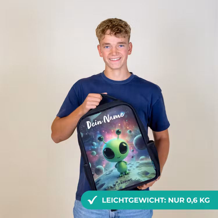 Groen buitenaards wezentje op maanlandschap Rugzak - Zwart middel -sfeer7_DE