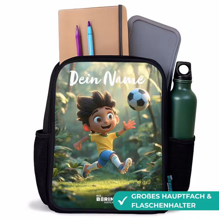 Jongen - Voetbal - Bos - Bomen Rugzak - Zwart middel -inhoud_DE