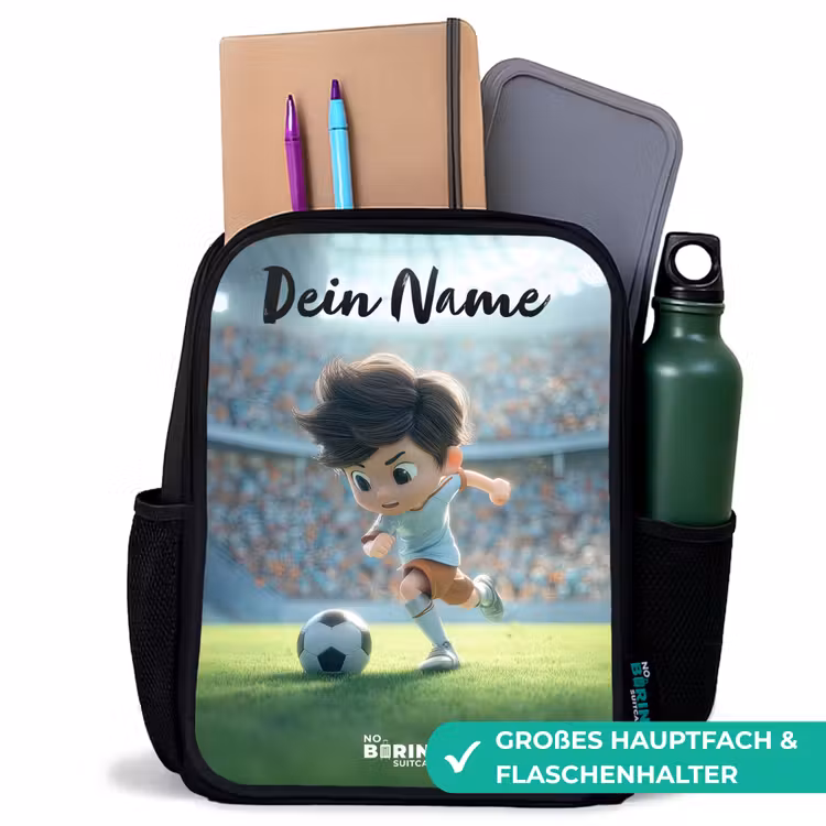 Jongen - Stadion - Voetbal - Zonlicht Rugzak - Zwart middel -inhoud_DE