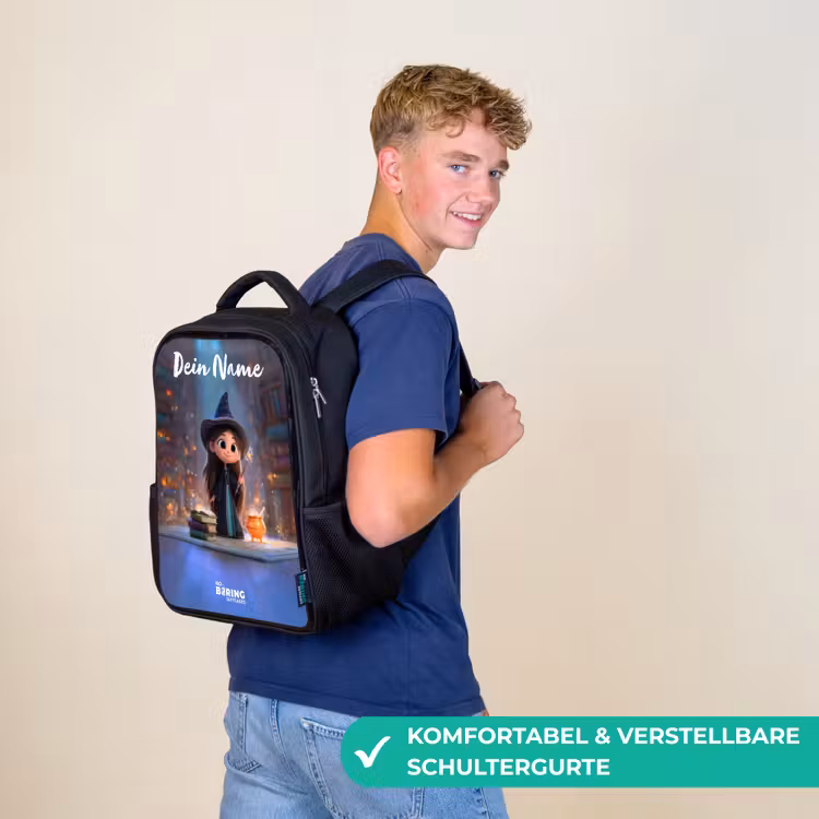 Kleine tovernares in bibliotheek Rugzak - Zwart middel -sfeer9_DE