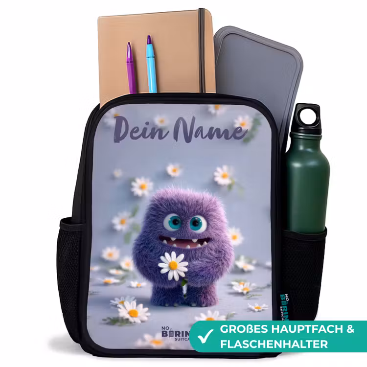 Paars Pluizig Vriendje met Madelief Rugzak - Zwart middel -inhoud_DE