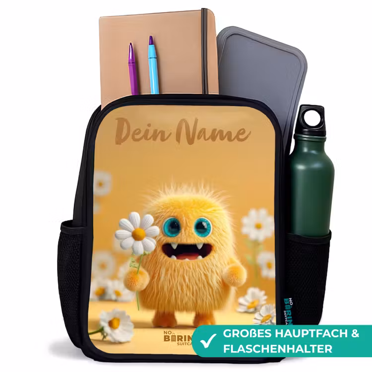 Monster - Wezen - Bloem - Geel Rugzak - Zwart middel -inhoud_DE