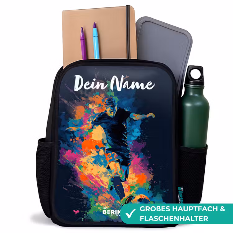Neon - Voetballer - Kleurrijk Rugzak - Zwart middel -inhoud_DE