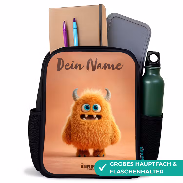 Oranje Pluizig Monster met Hoorns Rugzak - Zwart middel -inhoud_DE