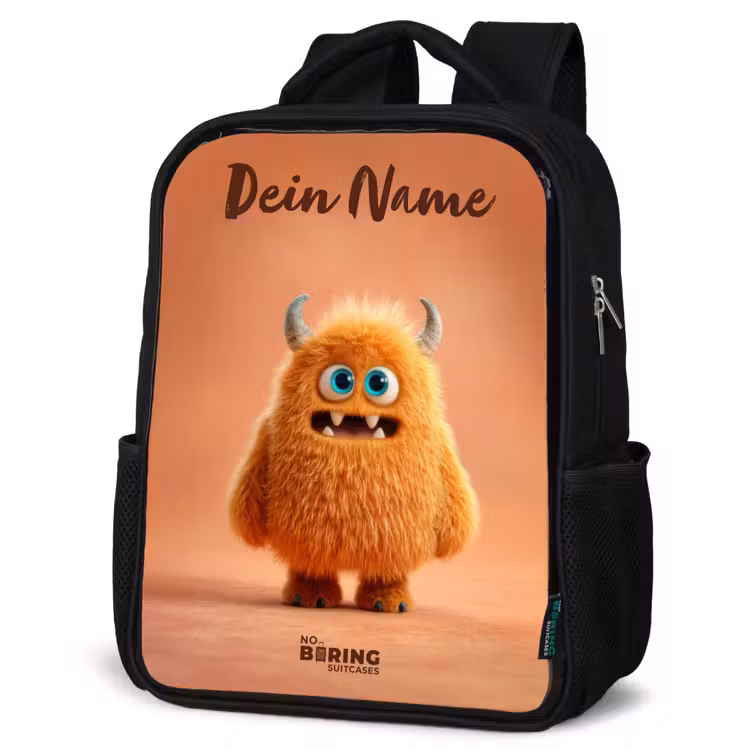 Oranje Pluizig Monster met Hoorns Rugzak - Zwart middel -schuin