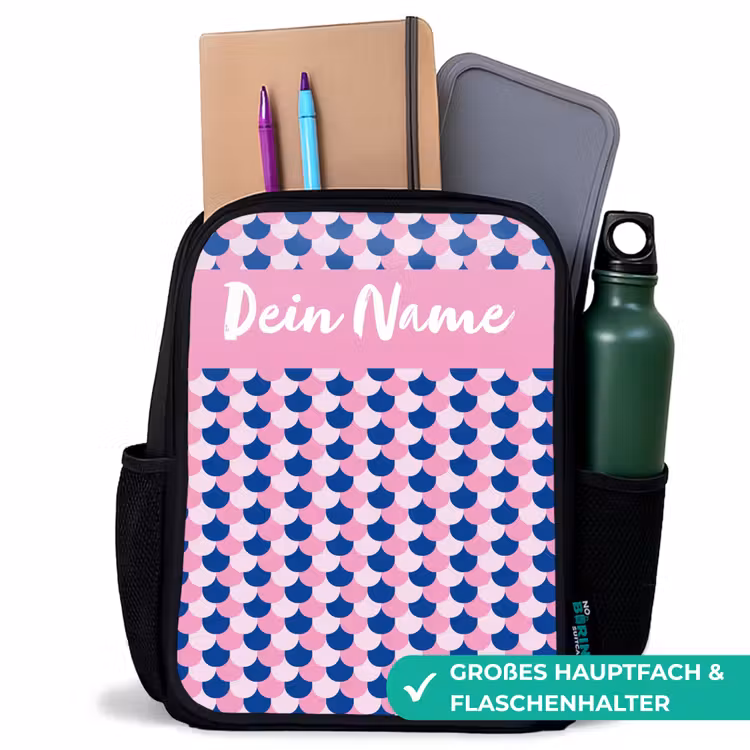 Schubben - Patroon - Blauw - Roze Rugzak - Zwart middel -inhoud_DE