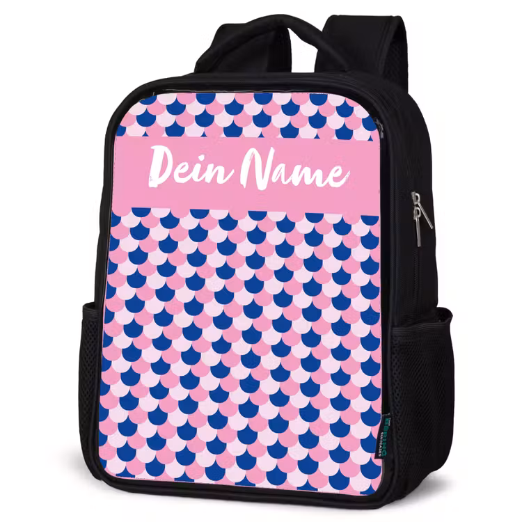 Schubben - Patroon - Blauw - Roze Rugzak - Zwart middel -schuin