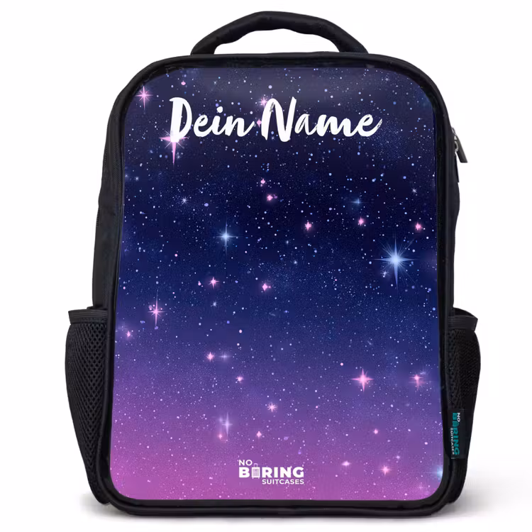 Sterren - Galaxy - Blauw - Roze Rugzak - Zwart middel -3d