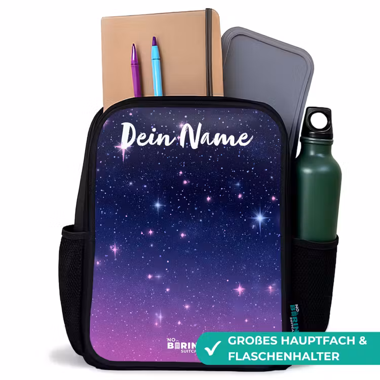 Sterren - Galaxy - Blauw - Roze Rugzak - Zwart middel -inhoud_DE