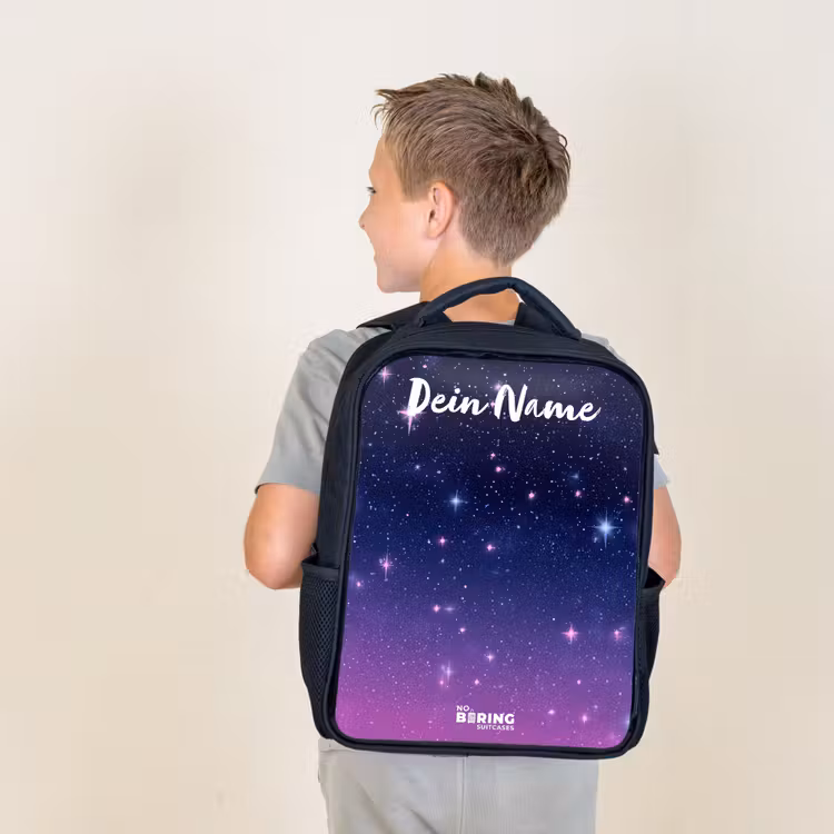 Sterren - Galaxy - Blauw - Roze Rugzak - Zwart middel -sfeer2