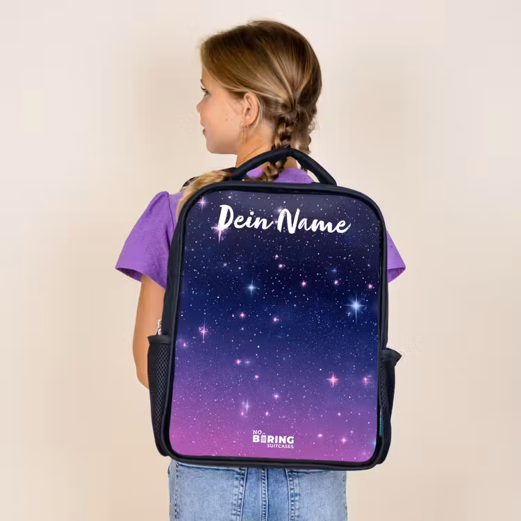 Sterren - Galaxy - Blauw - Roze Rugzak - Zwart middel -sfeer5