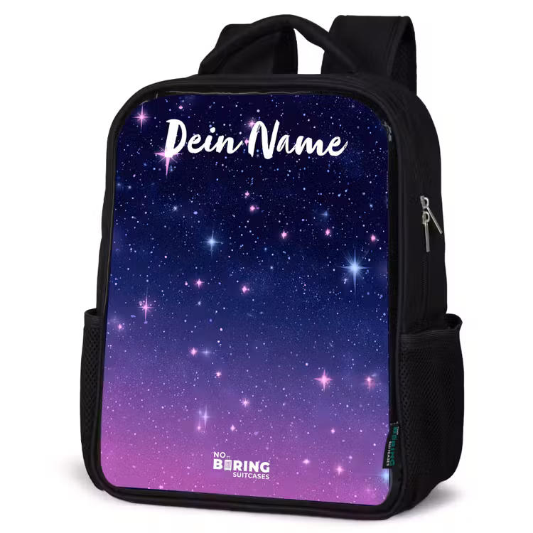 Sterren - Galaxy - Blauw - Roze Rugzak - Zwart middel -schuin