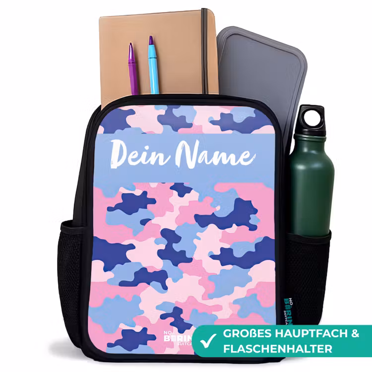 Camouflage - Roze - Blauw Rugzak - Zwart middel -inhoud_DE