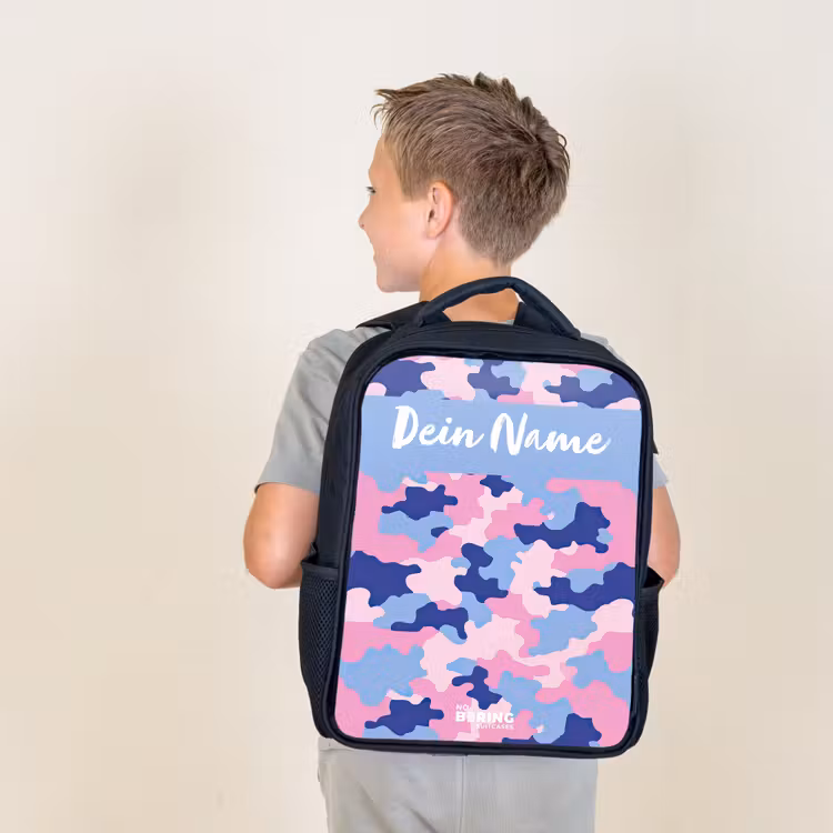 Camouflage - Roze - Blauw Rugzak - Zwart middel -sfeer2