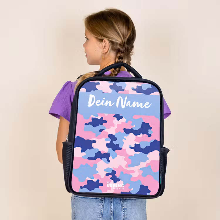 Camouflage - Roze - Blauw Rugzak - Zwart middel -sfeer5