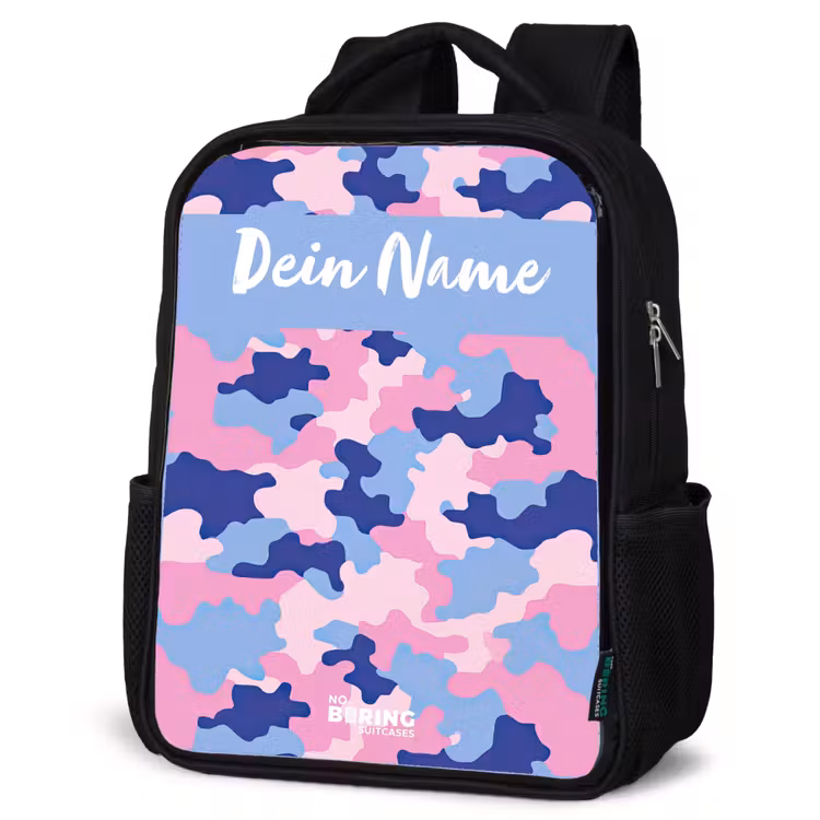 Camouflage - Roze - Blauw Rugzak - Zwart middel -schuin